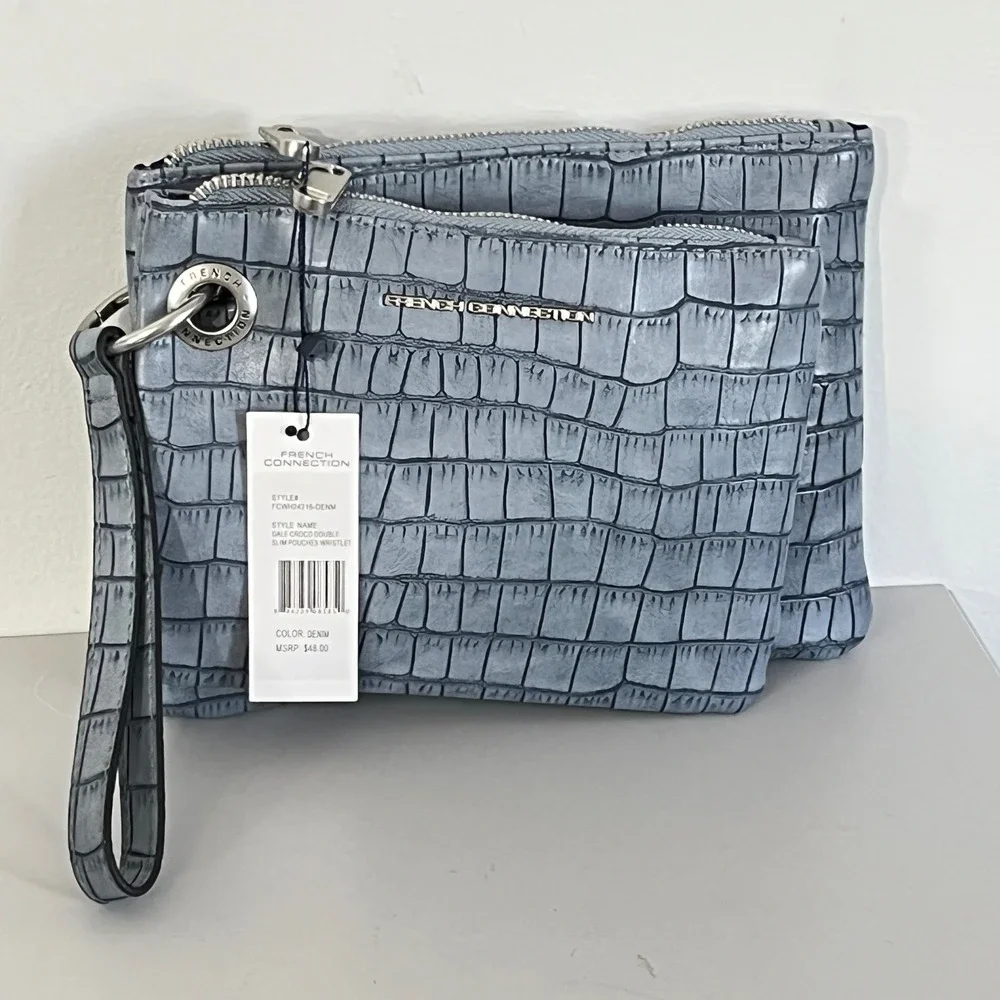 French Connection Wristlet Women OS Blue Dale‎ Croco Double Slim Pouches